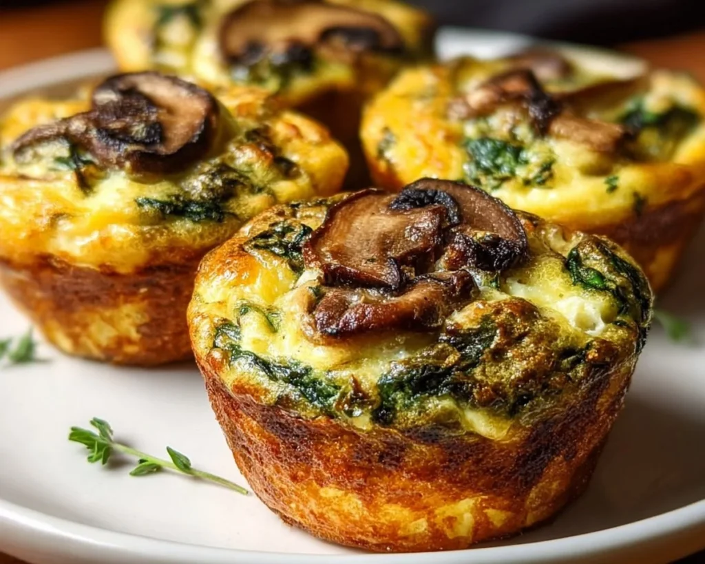 Delicious spinach mushroom quiche muffins served on a plate
