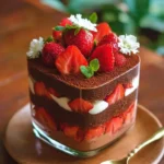 Eggless strawberry chocolate trifle dessert with creamy layers and fresh strawberries.