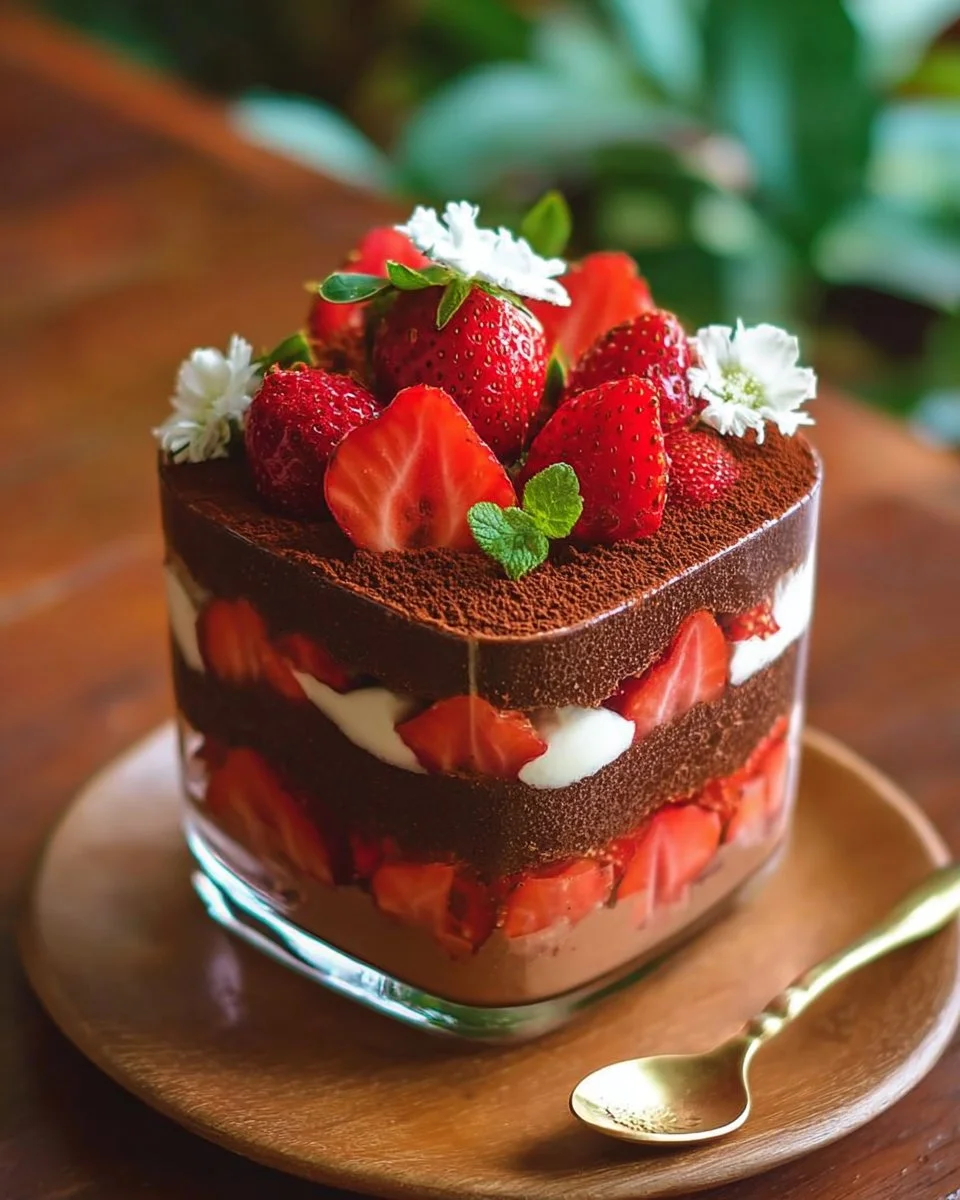 Eggless strawberry chocolate trifle dessert with creamy layers and fresh strawberries.