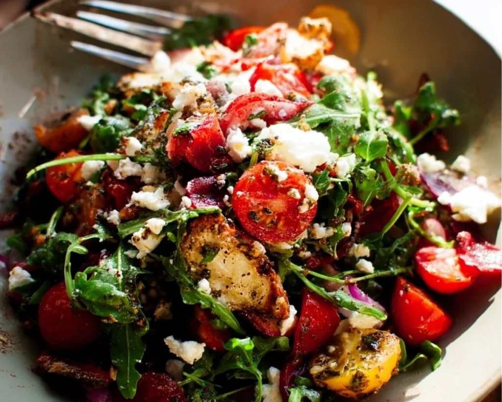 A variety of colorful and fresh epic salad recipes on a wooden table.