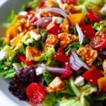 A vibrant and flavorful salad filled with fresh vegetables and toppings.