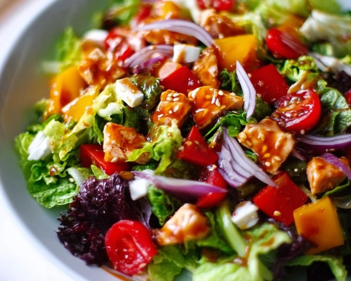 A vibrant and flavorful salad filled with fresh vegetables and toppings.