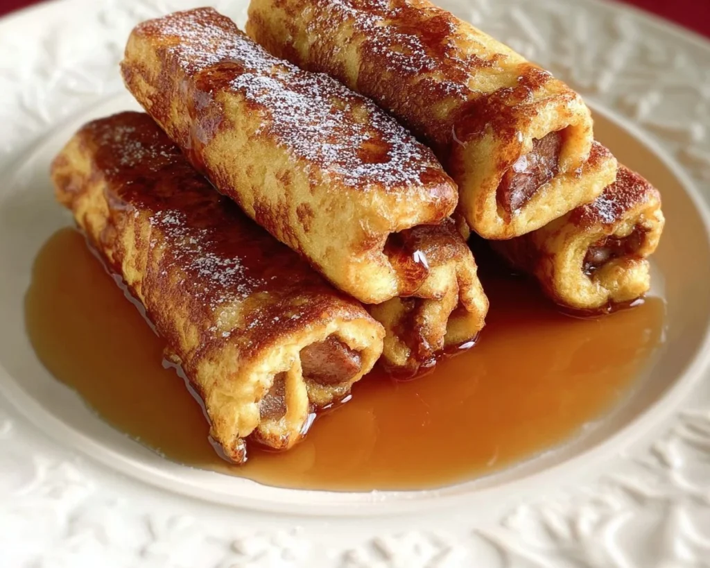 French Toast Roll-Ups on a plate with syrup and berries
