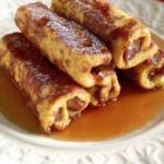 French Toast Roll-Ups on a plate with syrup and berries
