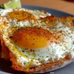Fried egg sandwich topped with feta cheese on a plate