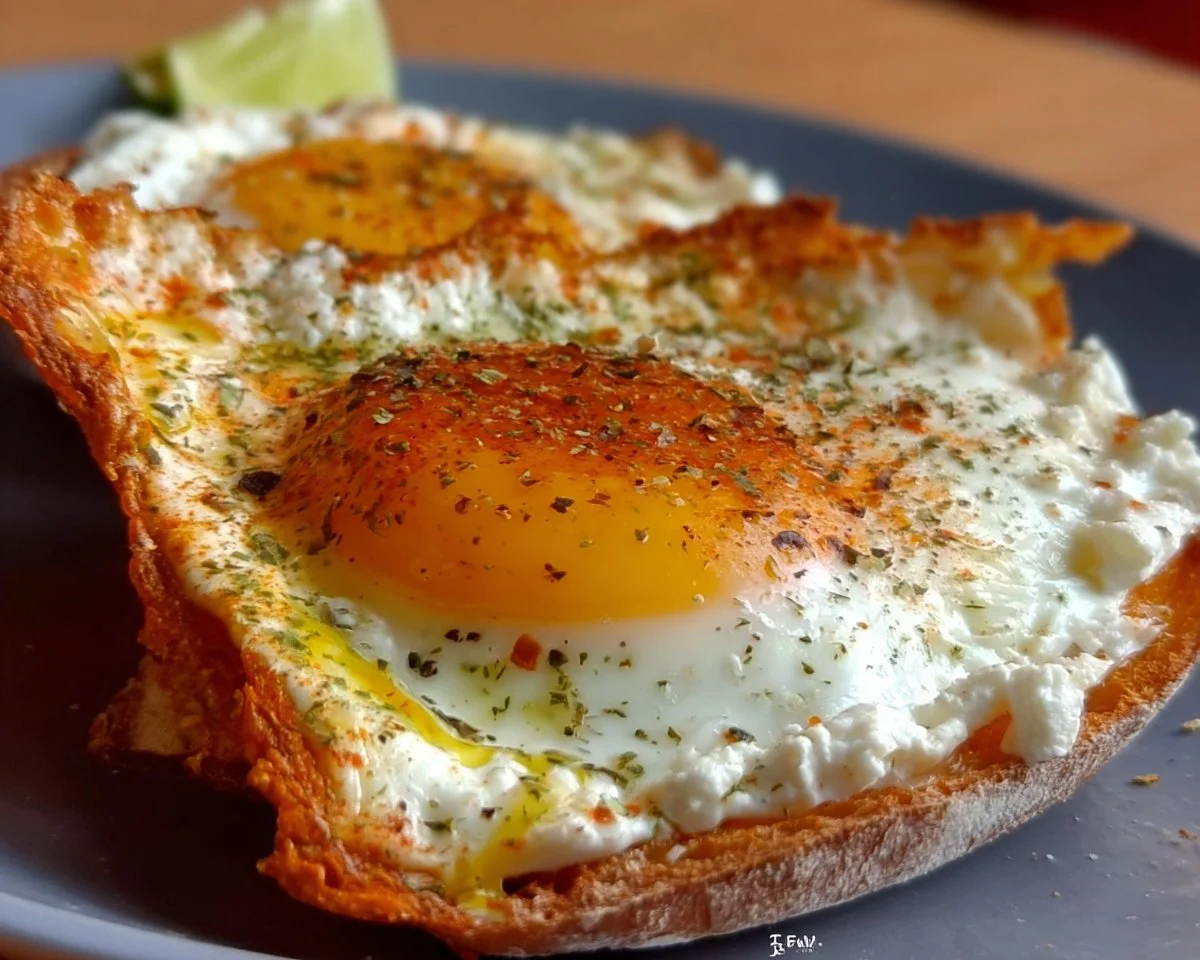 Fried egg sandwich topped with feta cheese on a plate