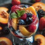 Colorful and fresh fruit salad dessert in a bowl, showcasing a variety of fruits.