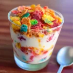 Delicious Fruity Pebbles Yogurt Parfait with layers of yogurt and colourful cereal.