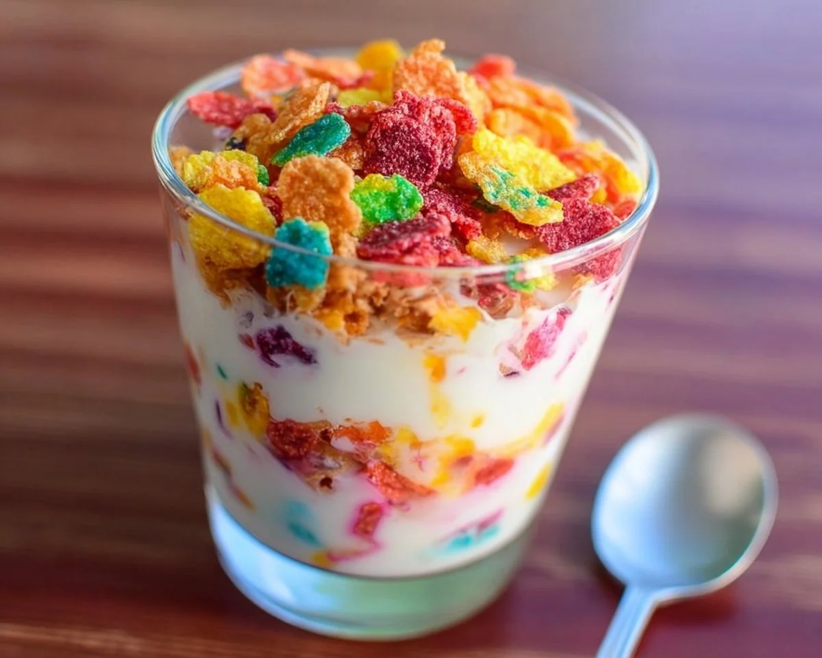 Delicious Fruity Pebbles Yogurt Parfait with layers of yogurt and colourful cereal.