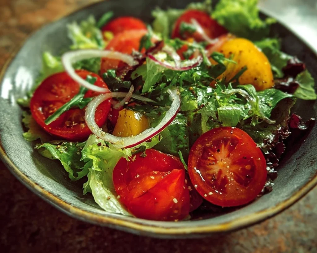 A colorful garden salad with fresh vegetables and greens.