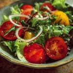 A colorful garden salad with fresh vegetables and greens.