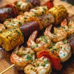 Delicious grilled seafood skewers ready to be served at a summer barbecue