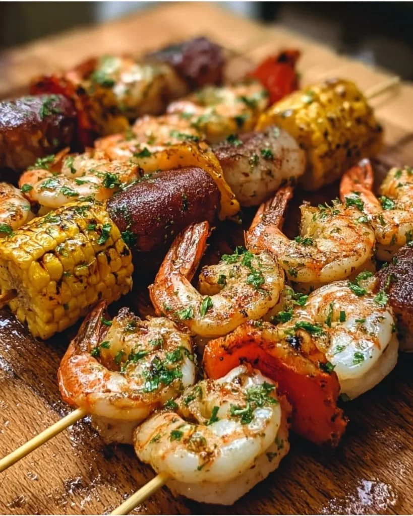 Delicious grilled seafood skewers ready to be served at a summer barbecue
