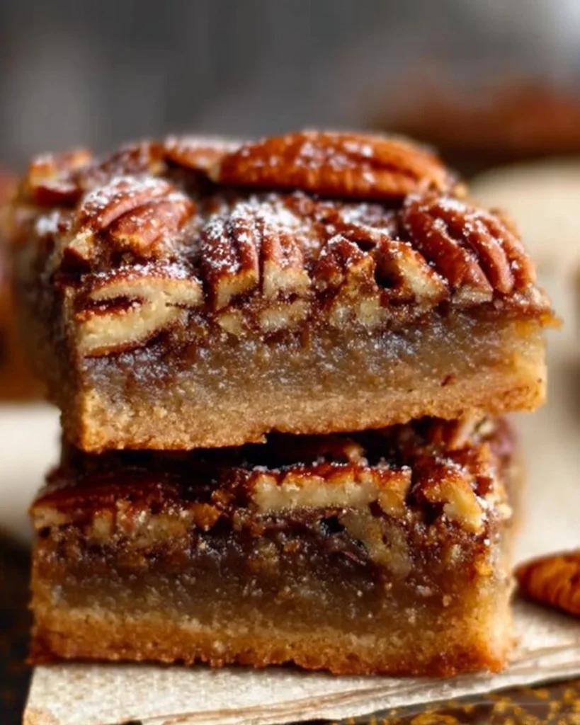 Healthy gluten-free pecan pie bars with pecans on top, baked to perfection.