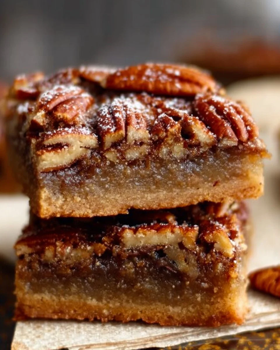 Healthy gluten-free pecan pie bars with pecans on top, baked to perfection.