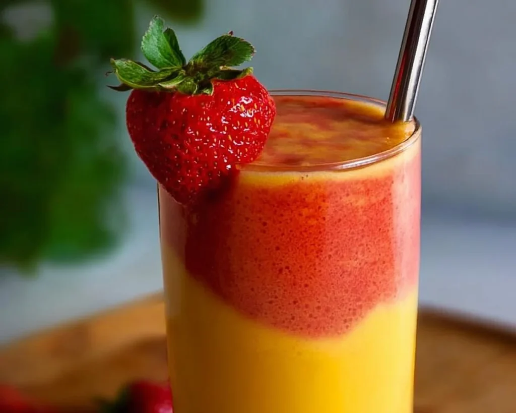 Healthy Mango Strawberry Sunrise Smoothie with fresh fruit and vibrant colors