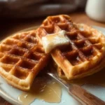 Fluffy homemade buttermilk waffles topped with syrup and berries