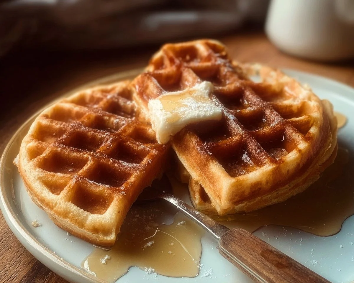 Fluffy homemade buttermilk waffles topped with syrup and berries