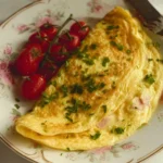 Delicious homemade omelet with fresh vegetables and herbs