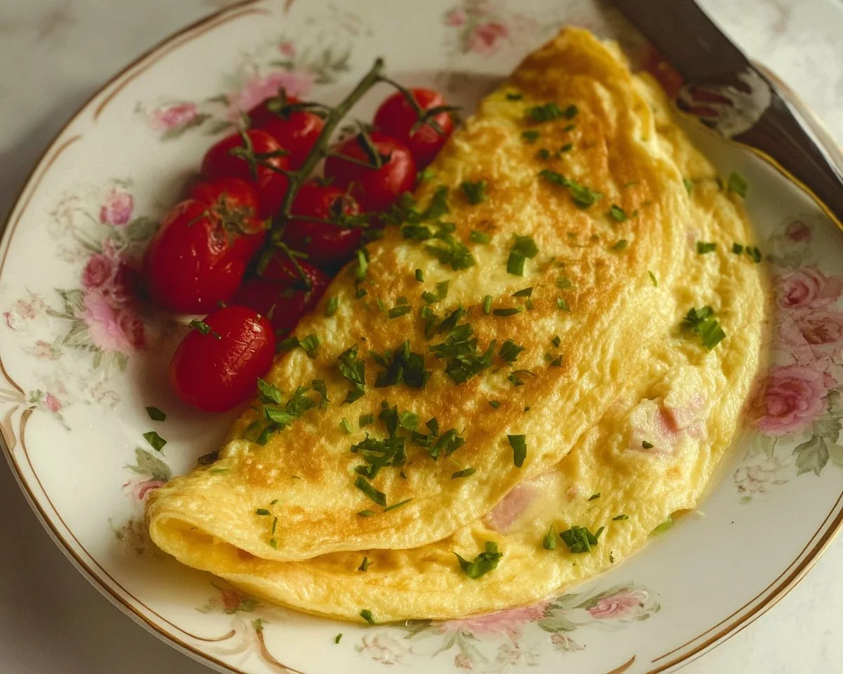Delicious homemade omelet with fresh vegetables and herbs