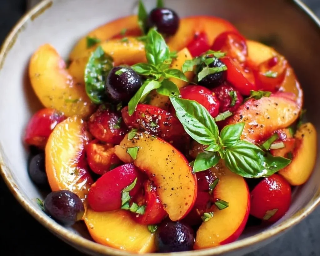 Honey lime basil peach fruit salad with fresh fruits and herbs