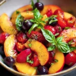 Honey lime basil peach fruit salad with fresh fruits and herbs