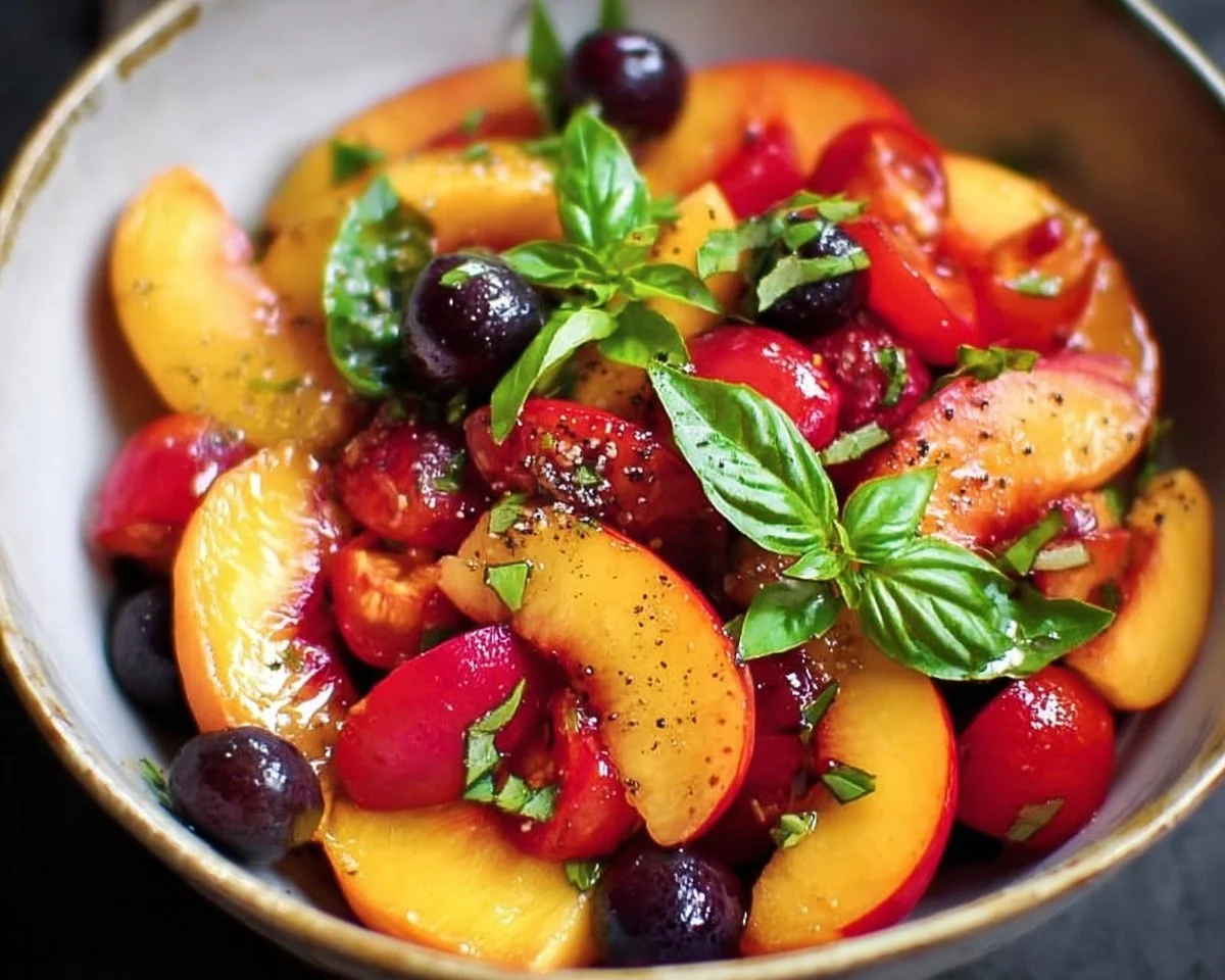 Honey lime basil peach fruit salad with fresh fruits and herbs