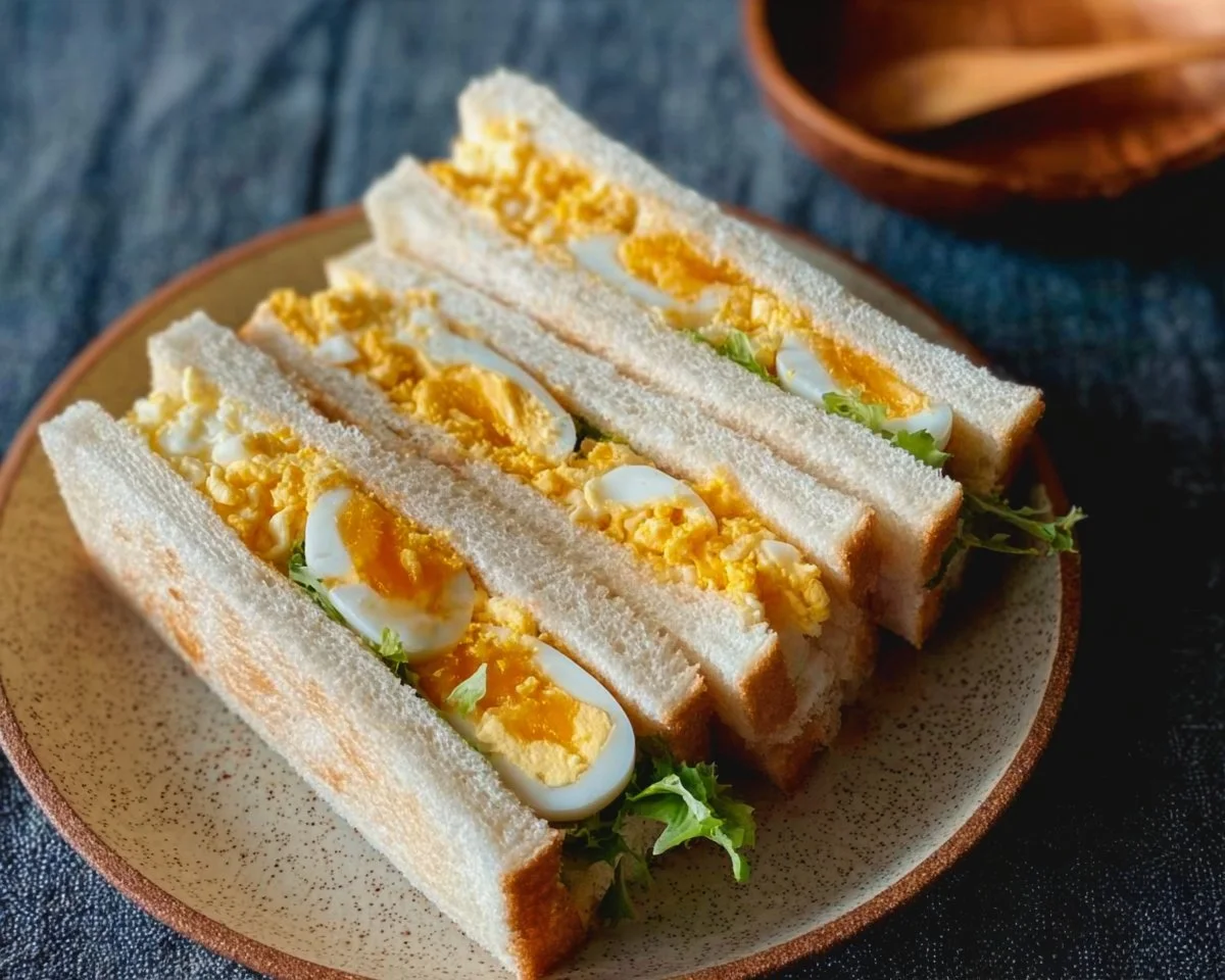 Delicious Japanese Tamago Sando egg sandwich on a plate