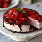 Delicious Keto Strawberry Cheesecake topped with fresh strawberries.