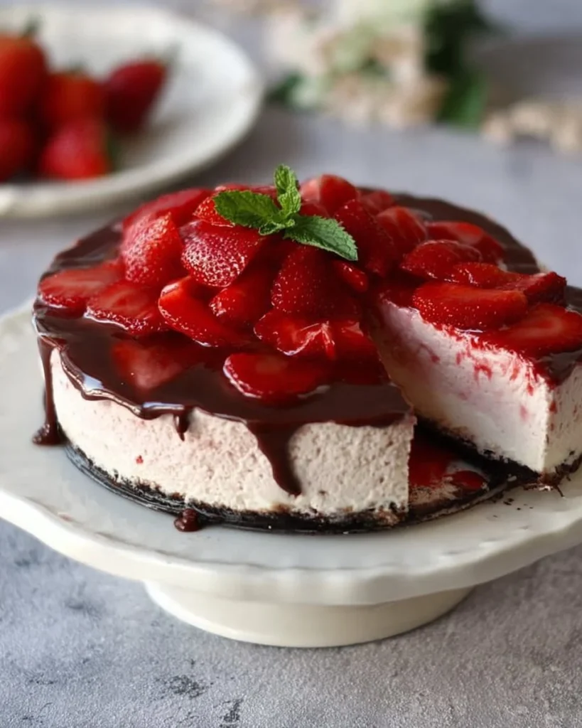 Delicious Keto Strawberry Cheesecake topped with fresh strawberries.