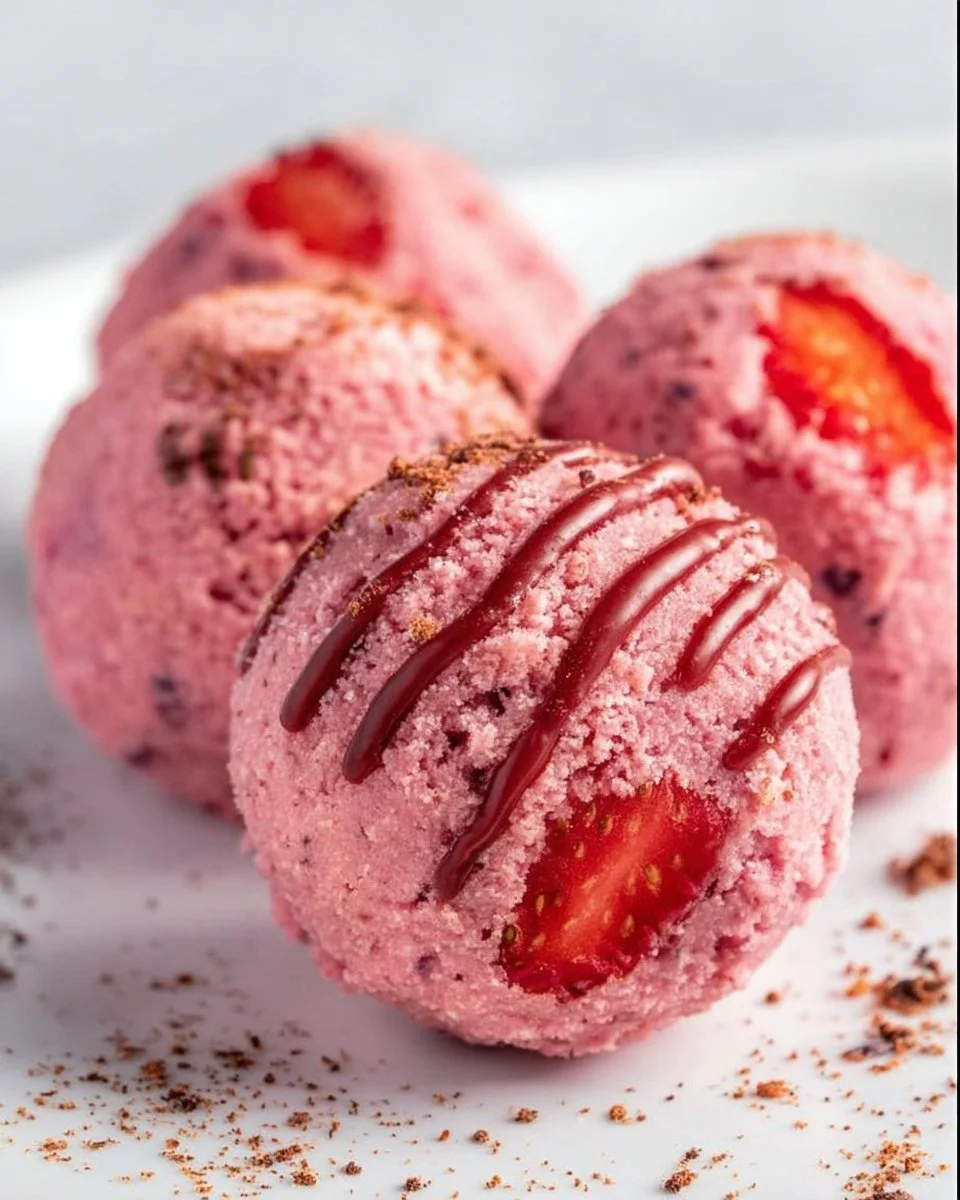 Keto Strawberry Cheesecake Fat Bombs on a plate, low-carb dessert.