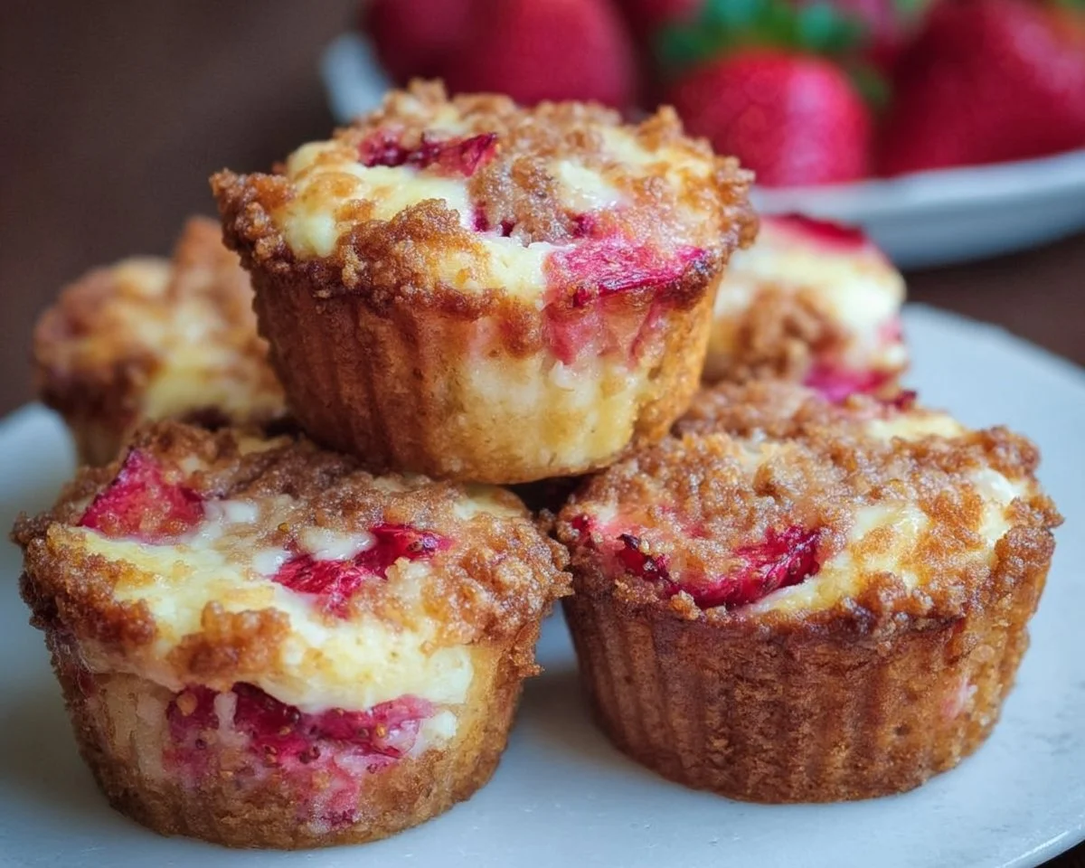 Delicious Keto Strawberry Cheesecake Muffins with fresh strawberries and cream cheese.