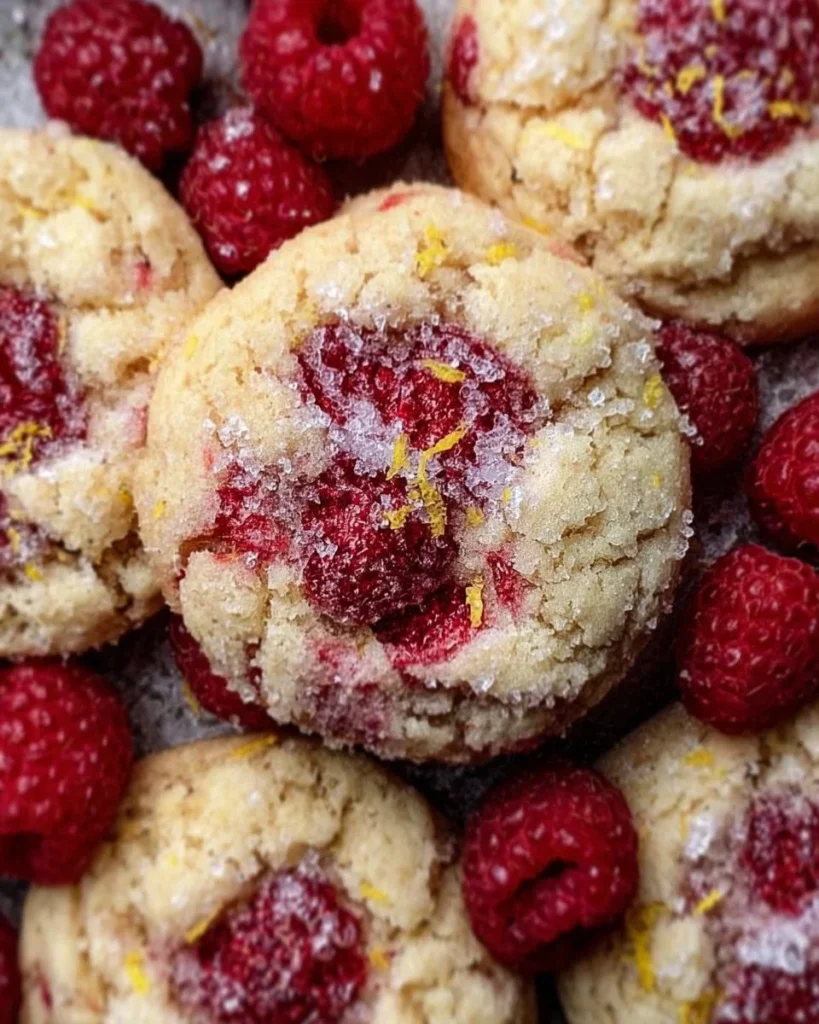 Plate of delicious homemade Lemon Raspberry Cookies with fresh berries