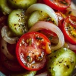 Delicious marinated cucumbers with onions and tomatoes ready to serve.