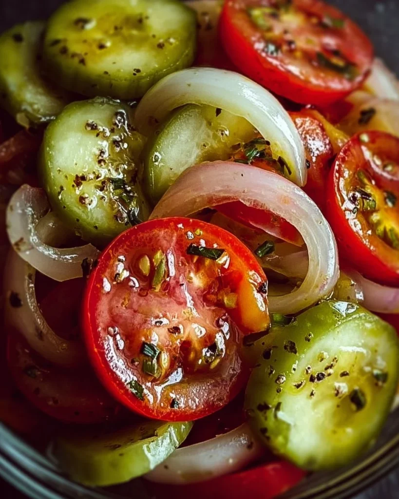 Delicious marinated cucumbers with onions and tomatoes ready to serve.