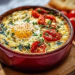 Mediterranean baked feta eggs served with herbs and tomatoes