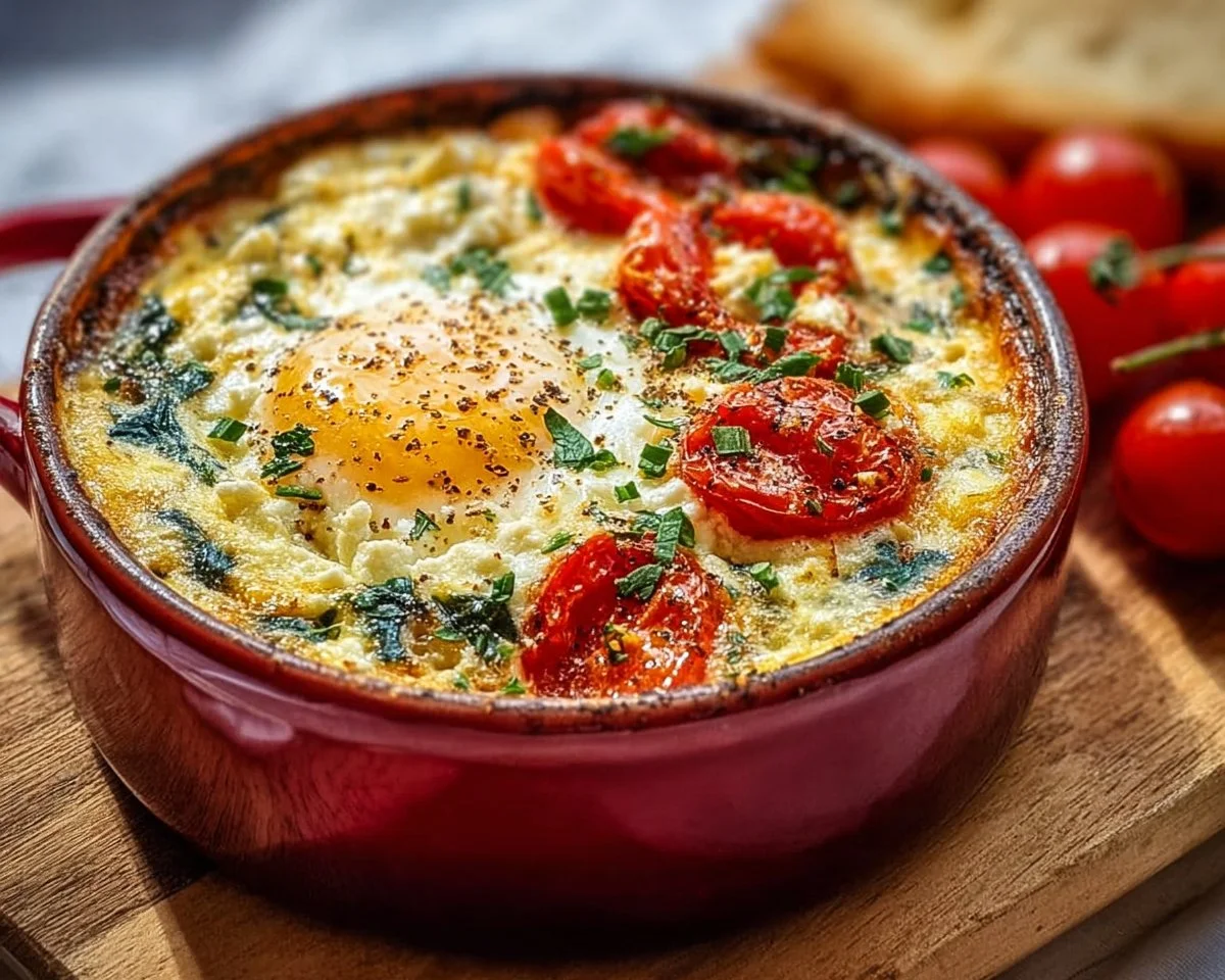 Mediterranean baked feta eggs served with herbs and tomatoes