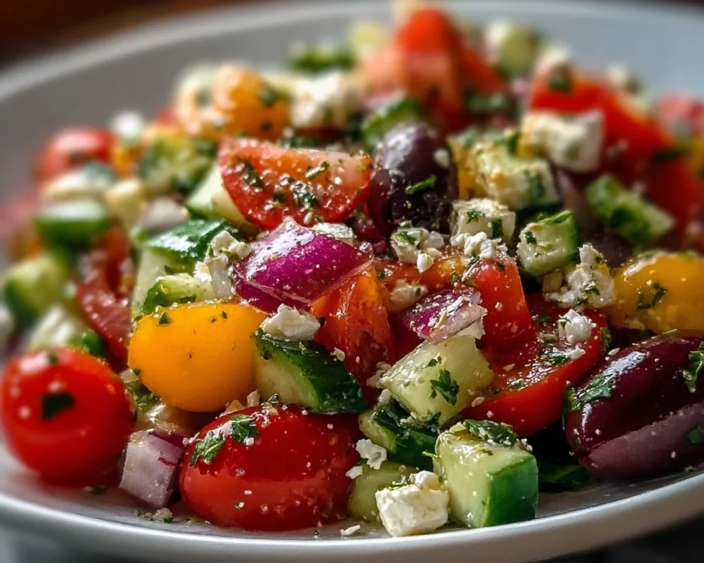 Colorful Mediterranean Chopped Salad with fresh vegetables and feta cheese