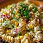 Colorful Mexican street corn pasta salad with fresh ingredients and zesty dressing.