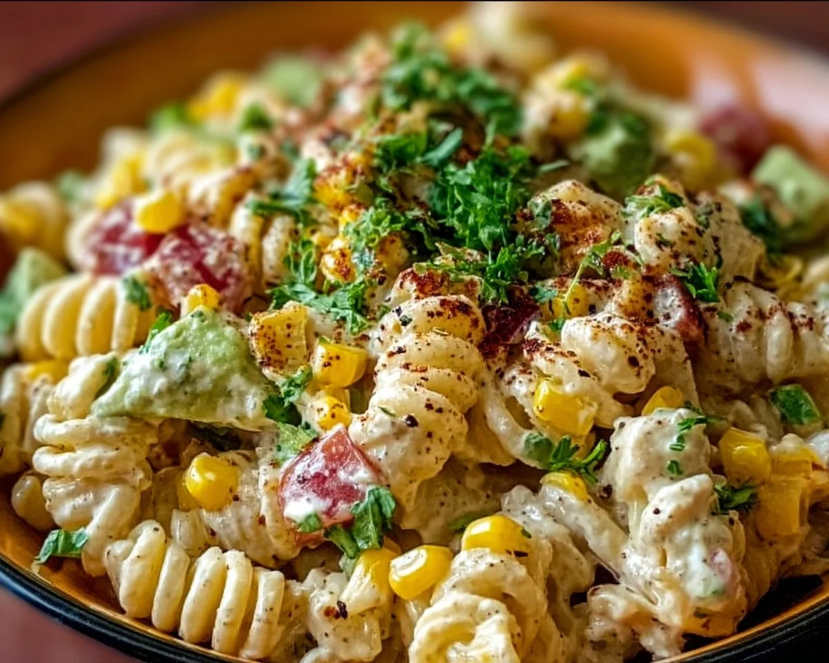 Colorful Mexican street corn pasta salad with fresh ingredients and zesty dressing.
