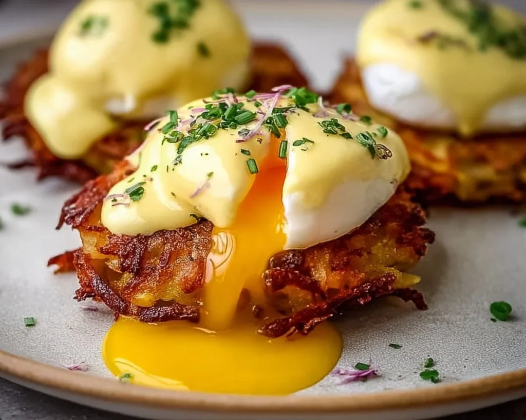Delicious Latke Eggs Benedict served with poached eggs and hollandaise sauce