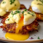 Delicious Latke Eggs Benedict served with poached eggs and hollandaise sauce