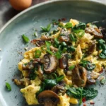 A plate of Mushroom Spinach Scrambled Eggs garnished with fresh herbs.