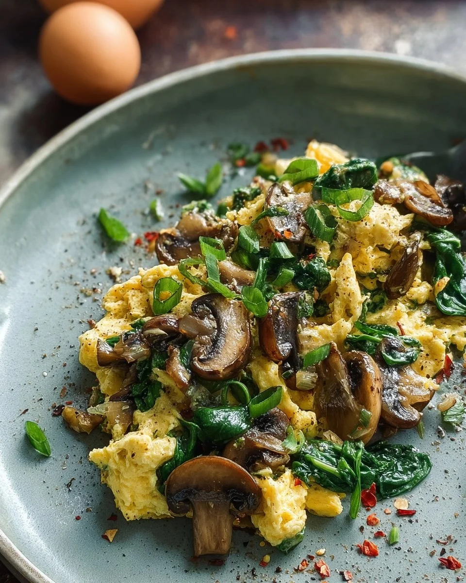 A plate of Mushroom Spinach Scrambled Eggs garnished with fresh herbs.