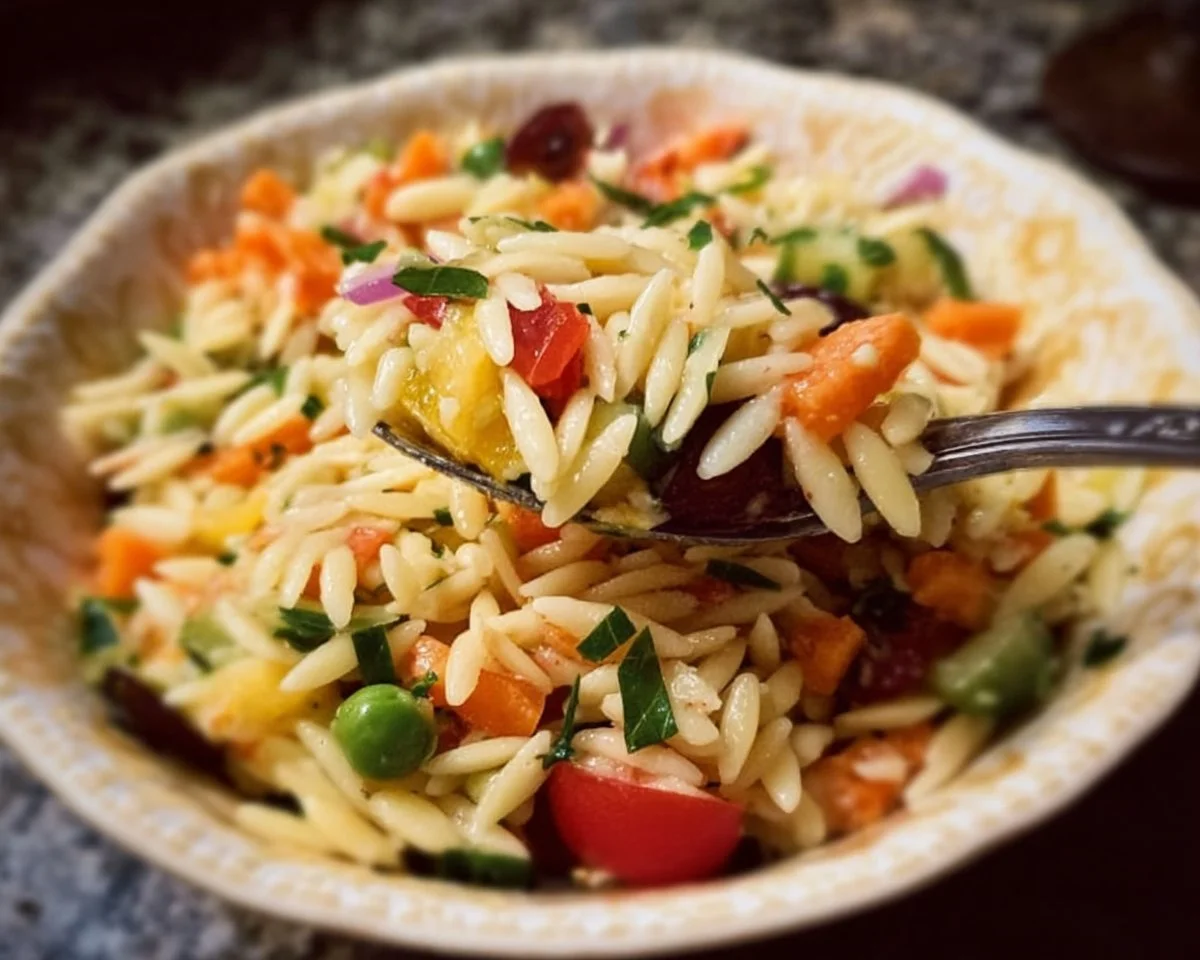 A colorful orzo salad with fresh vegetables and herbs served in a bowl.