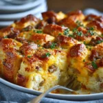 Delicious overnight croissant breakfast casserole ready to serve.