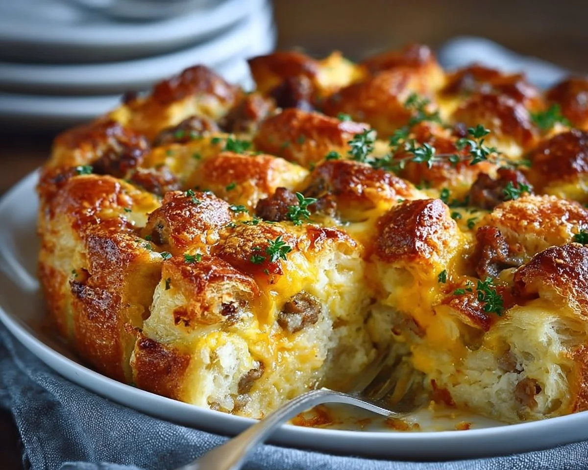 Delicious overnight croissant breakfast casserole ready to serve.