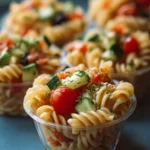 Colorful pasta salad cups filled with fresh vegetables and dressing
