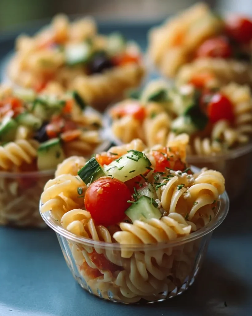 Colorful pasta salad cups filled with fresh vegetables and dressing