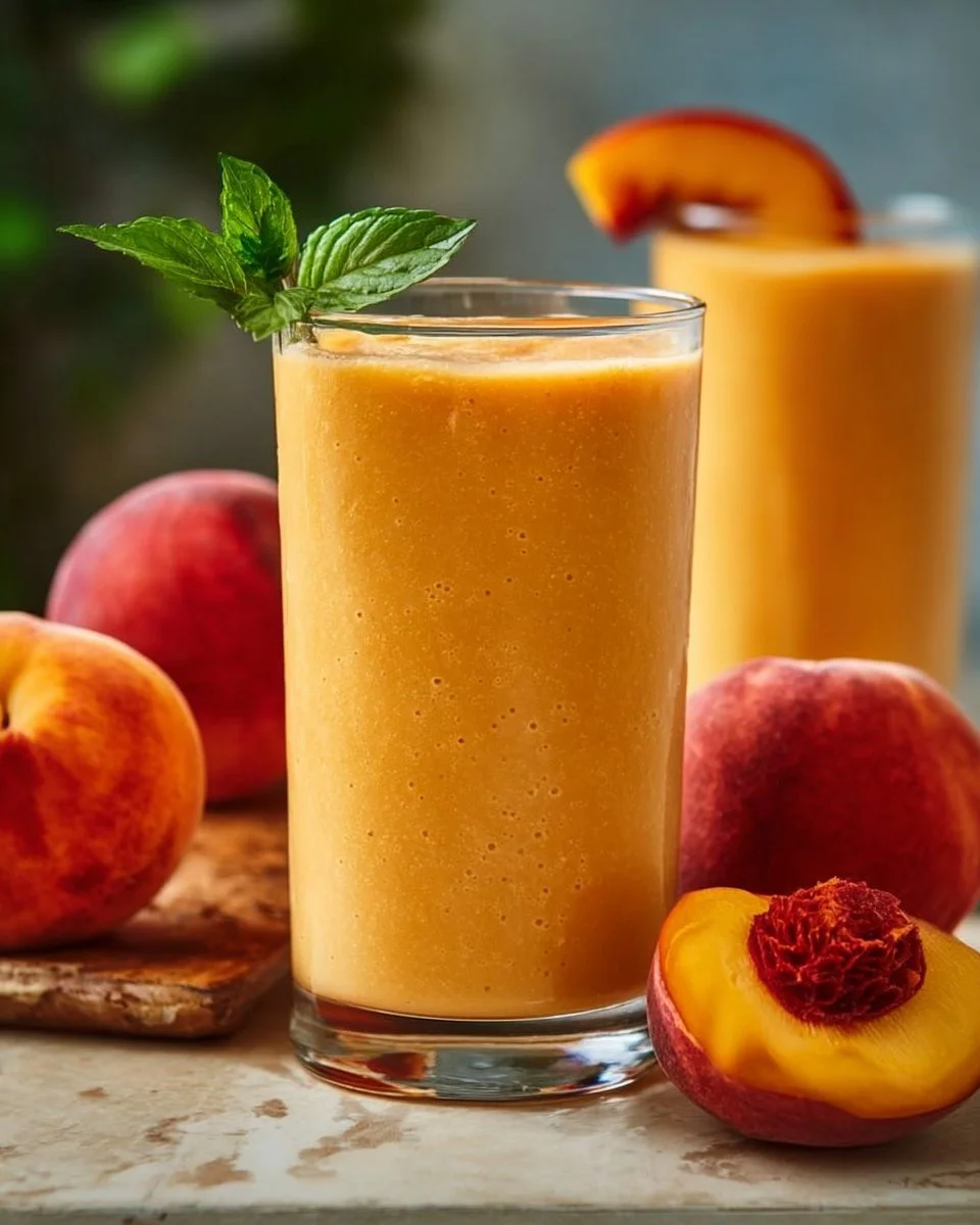 Delicious peach smoothie made with frozen peaches for a refreshing drink